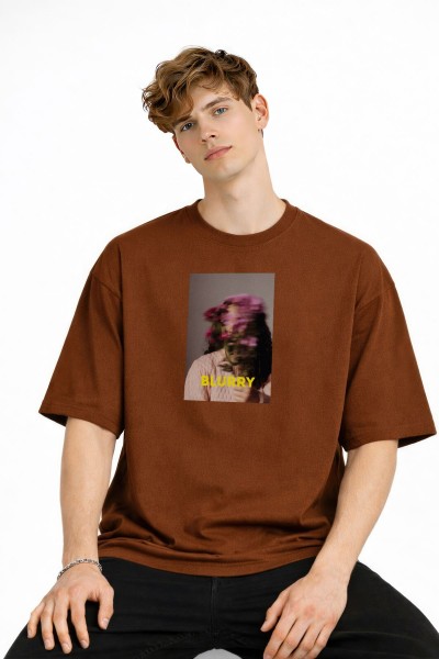 Blurry - Oversize Erkek Tişört KAHVE