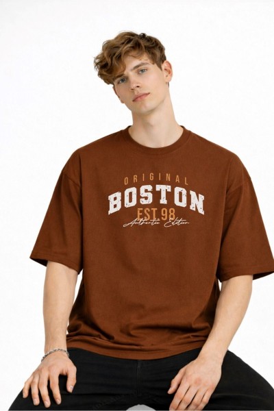 Boston - Baskılı Oversize Tişört KAHVE