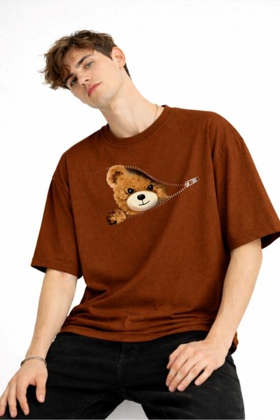 CH - Bear Baskılı Oversize Tişört KAHVE