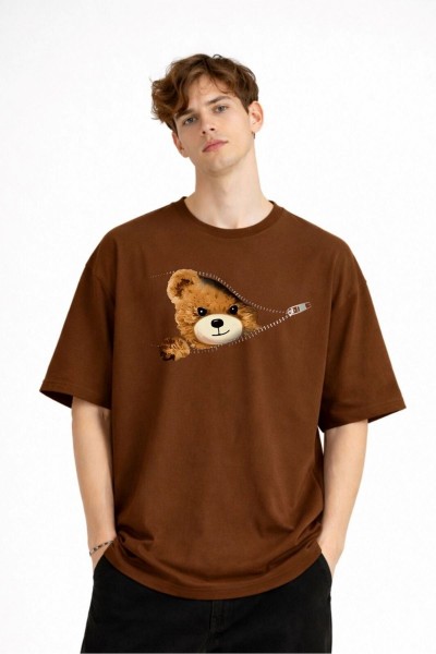 CH - Bear Baskılı Oversize Tişört KAHVE