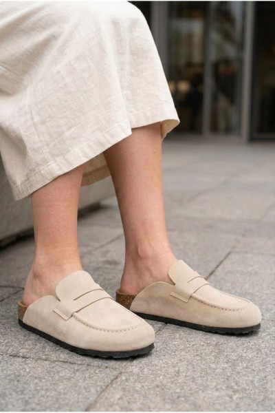 LUVRA Bağcıksız Hakiki Süet Deri Kadın Günlük Mantar Taban Loafer Klasik Ayakkabı HDMT - Krem LUVRA Bağcıksız Hakiki Süet Deri Kadın Günlük Mantar Taban Loafer Klasik Ayakkabı HDMT - Krem