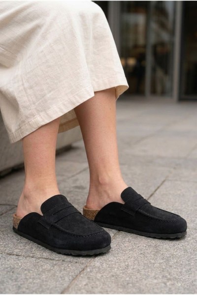 LUVRA Bağcıksız Hakiki Süet Deri Kadın Günlük Mantar Taban Loafer Klasik Ayakkabı HDMT - Siyah LUVRA Bağcıksız Hakiki Süet Deri Kadın Günlük Mantar Taban Loafer Klasik Ayakkabı HDMT - Siyah