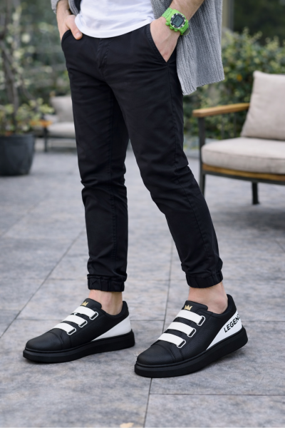 JY029 Mono Bağcıksız 3 Bantlı Lastikli Legend Cilt Erkek Günlük Sneaker Ayakkabı CST - Siyah/Beyaz JY029 Mono Bağcıksız 3 Bantlı Lastikli Legend Cilt Erkek Günlük Sneaker Ayakkabı CST - Siyah/Beyaz