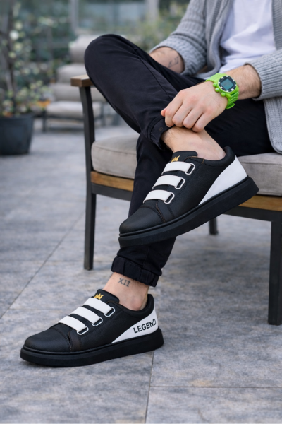 JY029 Mono Bağcıksız 3 Bantlı Lastikli Legend Cilt Erkek Günlük Sneaker Ayakkabı CST - Siyah/Beyaz JY029 Mono Bağcıksız 3 Bantlı Lastikli Legend Cilt Erkek Günlük Sneaker Ayakkabı CST - Siyah/Beyaz