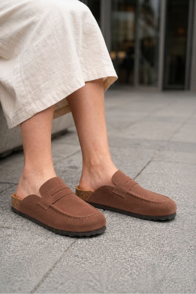 LUVRA Bağcıksız Hakiki Süet Deri Kadın Günlük Mantar Taban Loafer Klasik Ayakkabı HDMT - Kahve LUVRA Bağcıksız Hakiki Süet Deri Kadın Günlük Mantar Taban Loafer Klasik Ayakkabı HDMT - Kahve