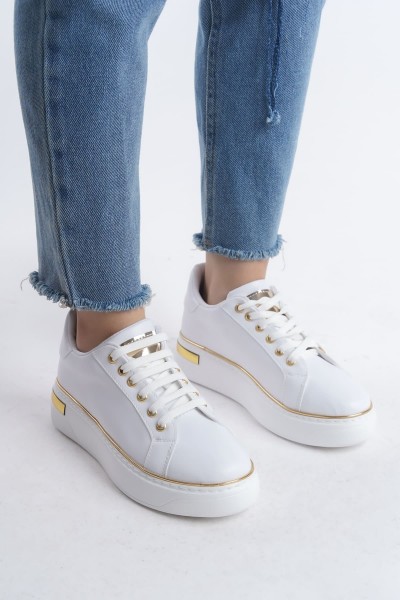 MINA Bağcıklı Ortopedik Taban Kadın Sneaker Spor Ayakkabı CBT - Beyaz/Altın MINA Bağcıklı Ortopedik Taban Kadın Sneaker Spor Ayakkabı CBT - Beyaz/Altın