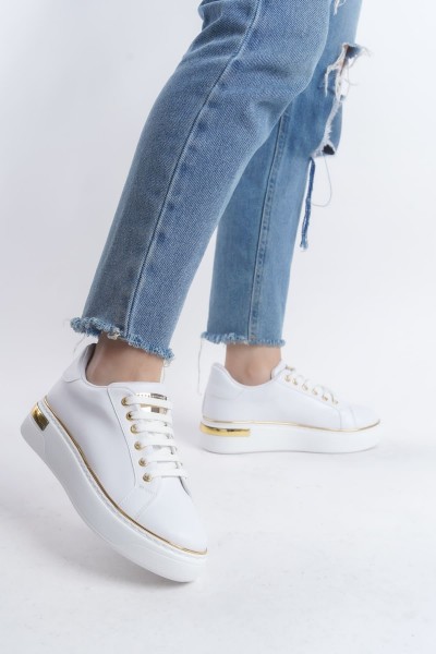 MINA Bağcıklı Ortopedik Taban Kadın Sneaker Spor Ayakkabı CBT - Beyaz/Altın MINA Bağcıklı Ortopedik Taban Kadın Sneaker Spor Ayakkabı CBT - Beyaz/Altın