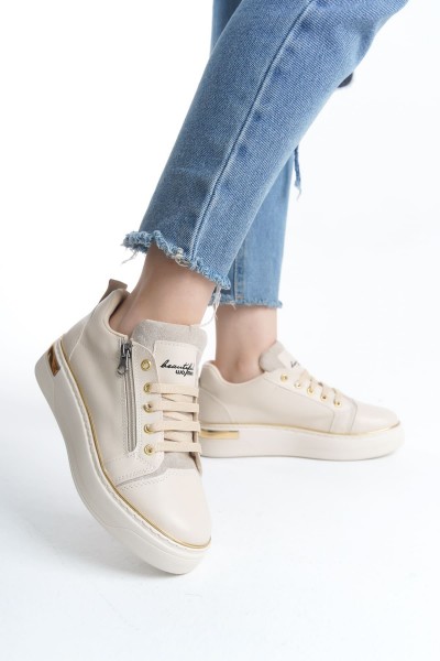 DINA Bağcıklı Fermuarlı Ortopedik Taban Kadın Sneaker Spor Ayakkabı CKT - Krem/Altın DINA Bağcıklı Fermuarlı Ortopedik Taban Kadın Sneaker Spor Ayakkabı CKT - Krem/Altın