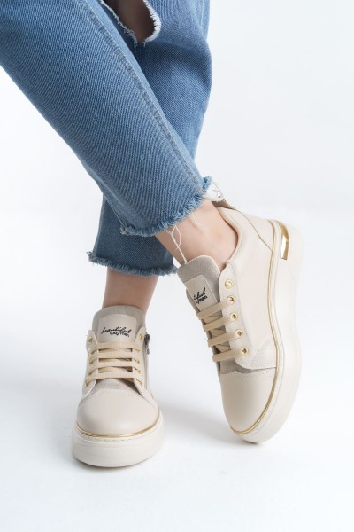 DINA Bağcıklı Fermuarlı Ortopedik Taban Kadın Sneaker Spor Ayakkabı CKT - Krem/Altın DINA Bağcıklı Fermuarlı Ortopedik Taban Kadın Sneaker Spor Ayakkabı CKT - Krem/Altın