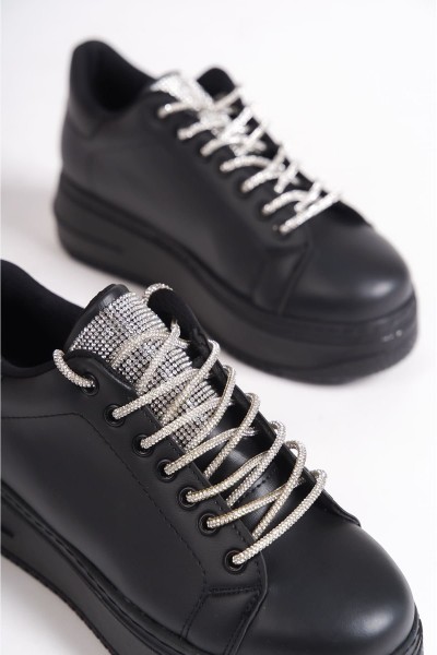 DELLA Bağcıklı Ortopedik Taban Taşlı Kadın Sneaker Spor Ayakkabı CST - Siyah DELLA Bağcıklı Ortopedik Taban Taşlı Kadın Sneaker Spor Ayakkabı CST - Siyah