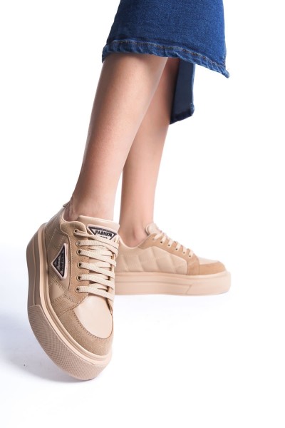 PRAG Bağcıklı Ortopedik Taban Desenli Kadın Sneaker Spor Ayakkabı CTT - Ten PRAG Bağcıklı Ortopedik Taban Desenli Kadın Sneaker Spor Ayakkabı CTT - Ten