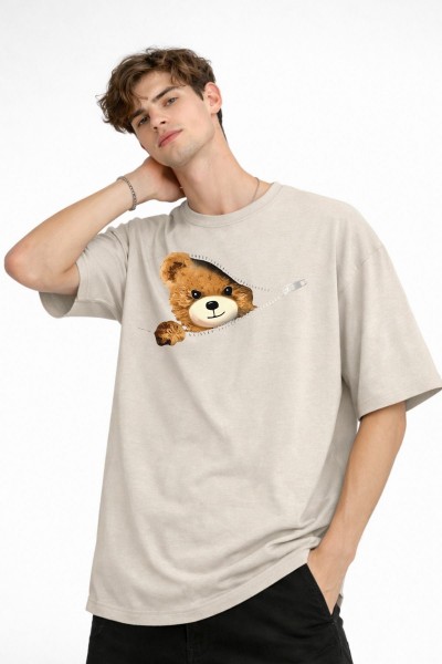 CH - Bear Baskılı Oversize Tişört BEJ CH - Bear Baskılı Oversize Tişört BEJ