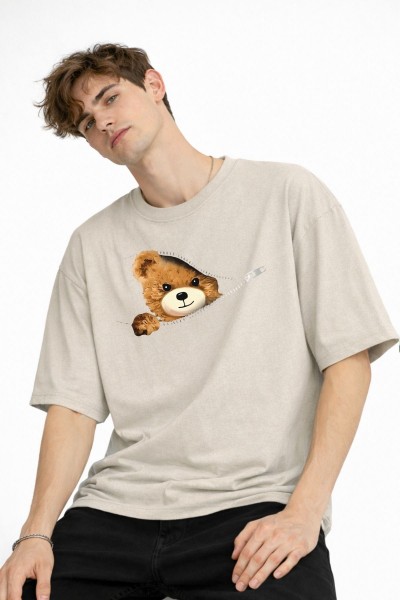 CH - Bear Baskılı Oversize Tişört BEJ CH - Bear Baskılı Oversize Tişört BEJ