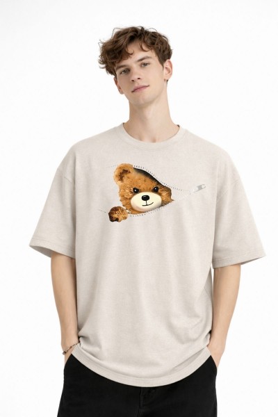 CH - Bear Baskılı Oversize Tişört BEJ CH - Bear Baskılı Oversize Tişört BEJ